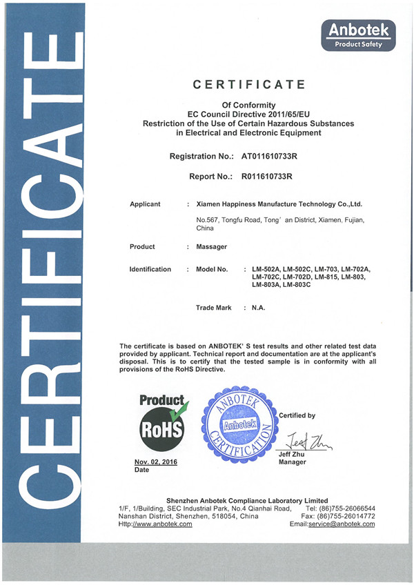 Masseur avec ROHS certification